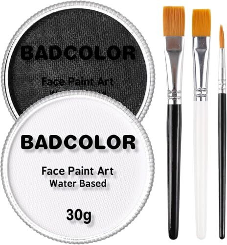 Halloween Peinture Visage (Noir+Blanc) avec 3 Pinceaux, Peinture Corporelle Lavable à l'eau pour Théâtre, Fêtes, Evénements Scolaires, Carnavals, Clowns, Squelettes, Zombies
