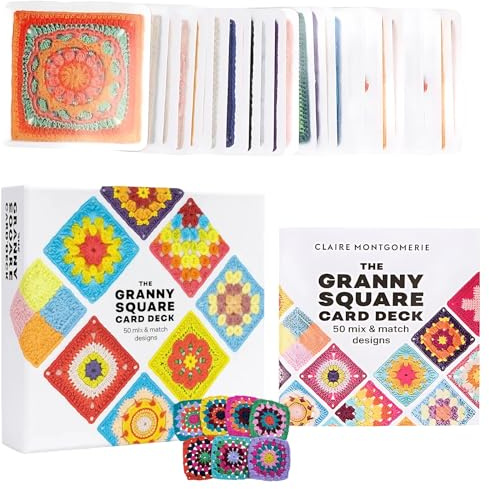 DvBCNMe Granny Square Häkel-Karten, 50 Karten mit Häkelschrift und Foto, Inklusive Anleitungsheft und Farbbox, Ideal für kreative Häkelprojekte und Geschenke