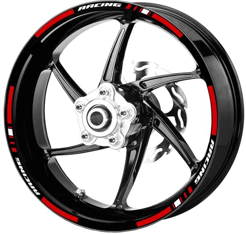 Decalart Kit 14 adesivi cerchi cerchione ruote filetto Moto universali compatibili con tutte le ruote da 16 17 18 Pollici RACING fasce strisce L236 (Rosso)