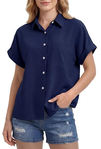 Enmain Camisa Lino Mujer Manga Corta Verano Camisas Blusa de Lino y Algodón de Botones Cuello en V Color Liso Casual Shirt Mujer Elegante Cómoda para Playa Trabajo Azul Marino L