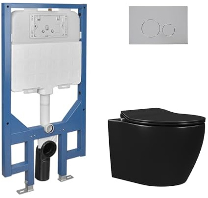 Wand WC Toilette Set mit Vorwandelement Geräuscharm Spülrandlos Hänge Toiletten mit Absenkautomatik, Geräuscharm Sitz, Glatte Keramik, 51,5cm D-Form Wand WC für Gästebadmit Vorwandelement