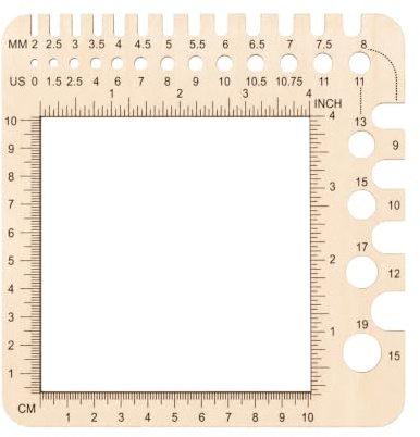Tinminx Wooden Knitting Needle Gauge Tool, 2–15mm Multi-Size Needle & Crochet Hook Measure Ruler, 15x15cm Square Craft Measuring Tool for Knitters