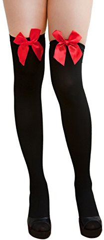 Oblique Unique® Sexy Strumpfhose -halterlos- Overknee Strümpfe - Party Kostüm Fasching Karneval (Overknee Schleife schwarz/rot)