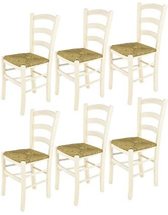 t m c s Tommychairs - 6er Set Stühle Venice für Küche und Esszimmer, robuste Struktur aus lackiertem Buchenholz in Anilinfarbe Weiss und Sitzfläche aus Stroh