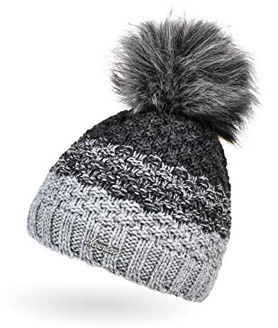 Neverless® Damen Strick-Mütze gefüttert Fleece-Innenfutter Fell-Bommel Kunstfell Winter-Mütze Bommelmütze Grobstrick Mehrfarbig hellgrau-dunkelgrau