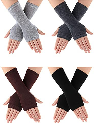 BBTO 4 Pairs Cashmere Wrist Fingerless Gloves with Thumb Hole Women Warm Half Gloves Winter Mittens Thermal Warmers Gifts for Men Women Ladies(Dark Card, Black, Dark Grey, Light Grey)