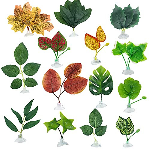 Cayway 14 PCS Fish Tank Decoration Betta Bed Leaf Betta Fish Hammock Toys Double Leaf Betta Pad Artificial Aquatic Plants for Aquarium Decoration Plastic Plant for Betta Habitat