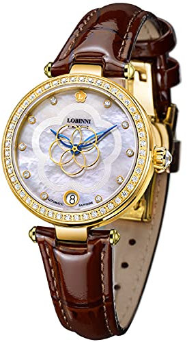 LOBINNI Damen-Armbanduhr, Edelstahl, automatisch, mechanisch, modisch, analog, Luxusuhr, elegant, Weihnachten, Valentinstag, Goldenen-L, Modern
