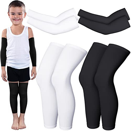 4 Pairs Kids Long Compression Leg Sleeves and Compression Arm Sleeves Youth Basketball Leg Sleeves, White, Large