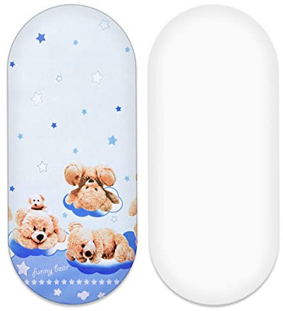 Baby Comfort Bettlaken aus 100 % Baumwolle, oval, passend für Babykorbmatratze, witziger Bär + Weiß, 2 Stück