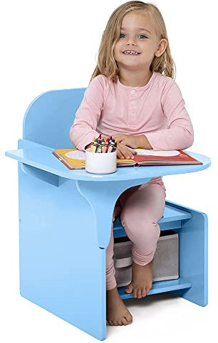 Rainbow Tree Kids Table and Chairs with Storage Bin Wooden Toddler Table and Chairs Sets 2 in 1 Children Chair Desk with Small Table for Study Activity Indoor or Outdoor Use (Blue)