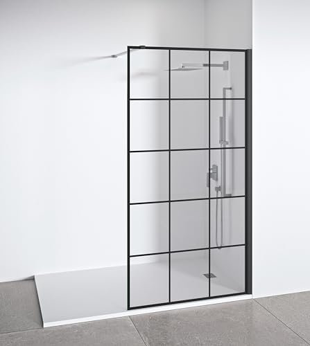 Duschwand Glas 90 x 195 cm - Walk In Dusche - Industriedekoration Glas - Einscheibensicherheitsglas 8 mm Dicke – Antikalk- Mattschwarz Profile - Duschtrennwand - Duschabtrennung Walk-In Dusche