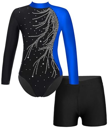 FEESHOW Kinder Gymnastikanzug Mädchen Gymnastik Body Gymnastik Shorts Set Ballett Turntrikot Athletic Wettkampf Tanzoutfit Blau 134-140/9-10 Jahre