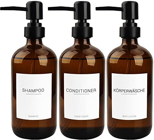 3er-Set Braunglas 500ml Seifenspender mit 22 weißen Etiketten Badezimmer-Flüssigkeitsbehälter mit schwarzer Pumpe