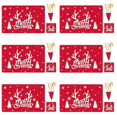 Christmas Table Decoration - 18Pcs Christmas Placemats Coasters Cutlery set, Christmas Placemats Sets, Christmas Table Mats, Home Table Mats, Washable Heat Proof Table Mats