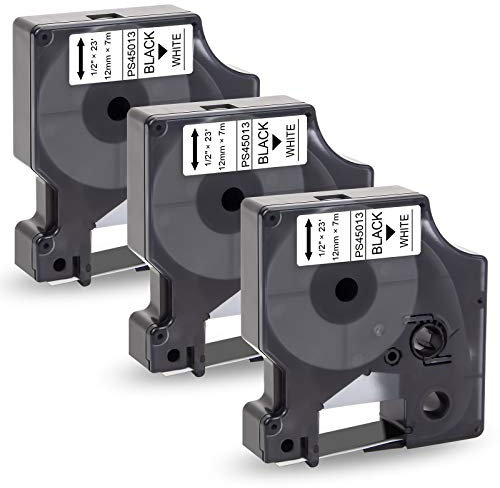 Pristar Kompatibel Etikettenband für D1 45013 S0720530 12mm Schwarz auf Weiß Schriftband für LabelManager 160 210D 280 360D 420P 450 400 500TS 640cb LabelPoint 100 150 200 250, 3 Stück