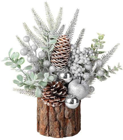 Hatisan Kleiner Weihnachtsbaum, künstlicher Tanne mit Weihnachtsschmuck, Tannenzapfen, Beere, Silber, für Zuhause, Zimmer, Party, Winter, drinnen und draußen