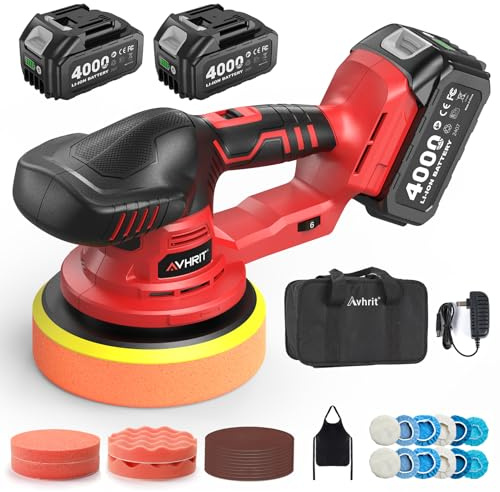 Avhrit Updated Cordless Polisher with 2x4.0Ah Batteries, 6 Variable Speed up to 5500 RPM, 6 In Car Buffer Polisher for Car Detailing, Polishing, Boat Sanding, with Car Wax Buffing Machine Kit, Toolbag