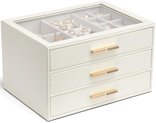 Vlando Schmuckschatulle für Damen, Glasdeckel, Schmuck-Organizer mit 3 Schubladen für Halsketten, Ringe, Ohrringe, Armbänder, Weiß