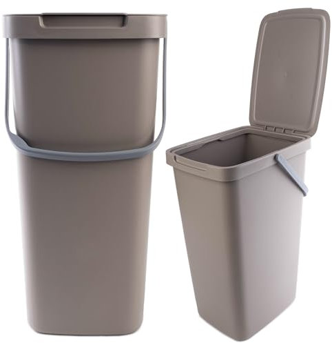 KADAX Cubo de basura de plástico con tapa y asa, cubo de basura rectangular con tapa abatible (marrón, 20 L)