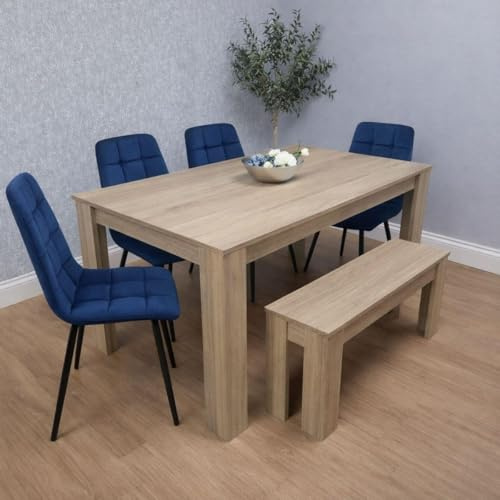KOSY KOALA Dining Table Set with Bench and Chairs Oak Effect Wooden Kitchen Dining Table with 4 Blue Velvet Dining Chairs and Bench Modern Dining Room Furniture 140 x 80 x 75 cm