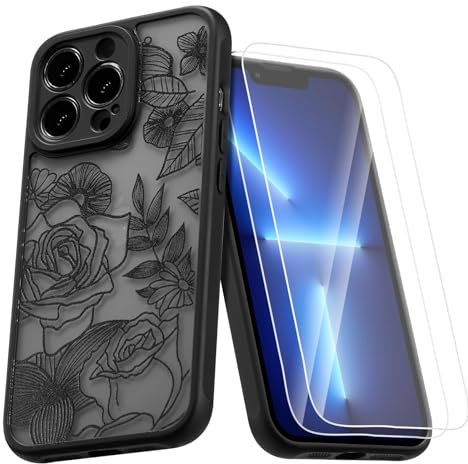 XIZYO Case for iPhone 14 Pro, Frosted Translucent Rose Floral Flower Pattern Shockproof Cover with 2 Screen Protectors, for Girls Women Cute Luxury Slim Soft TPU Bumper Phone Case, Black