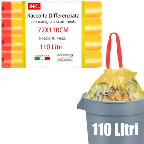 HW 40 Pezzi Sacchi Spazzatura per Raccolta Differenziata, Alta Resistenza,72x110CM-110 Litri con Maniglia a Scorrimento,Sacco per la Riciclabile(Giallo 72x110CM)