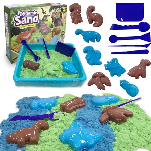 Crelloci Dinosaur Play Sand for Kids - Magic Sand Toys with 1.1lbs Sand, 8 Cute Molds and Tools, Dino World Sandbox Kit, Sensory Magnetic Play Set Gift for Boys Age 3+
