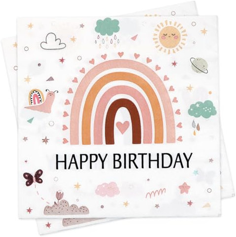 40 Stück Servietten Geburtstag, Servietten Happy Birthday, Regenbogen Geburtstagsservietten Tischdeko für Taufe, 3-lagig Papierserviette für Kinder Mädchen Geburtstage Feiern Gartenparty
