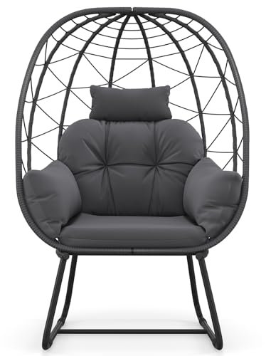 COSTWAY Korbsessel Rattan, übergroßer Loungesessel mit abnehmbarem Kissen & Metallgestell, Gartensessel, Rattansessel für Balkon, Garten, Terrasse, Wohnzimmer (Grau)