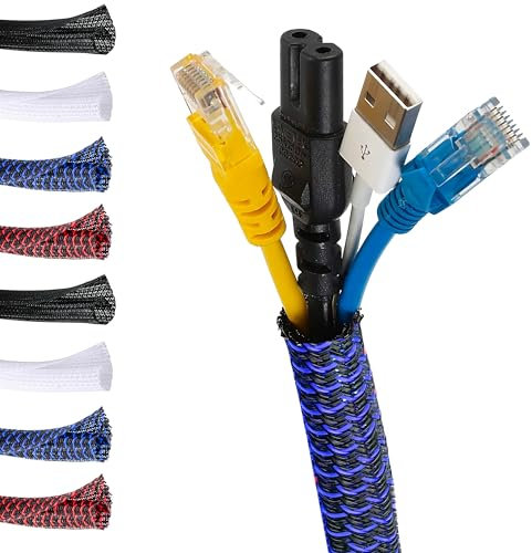 MarketConnect® Self-Closing Cable Sleeve Ø 3mm, L 4m • Gather and Conceal Cables • Perfect for Desk and TV • BLACK-BLUE
