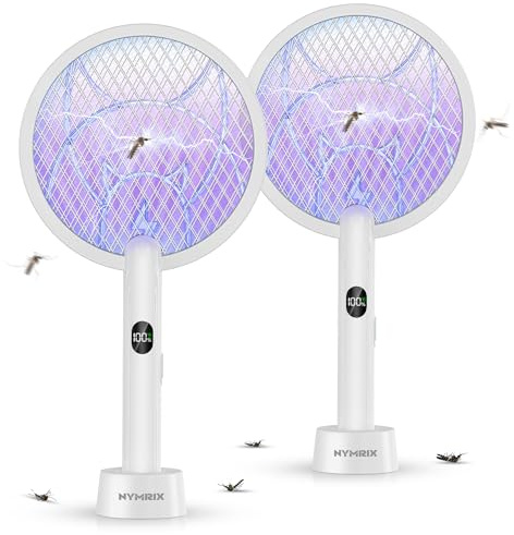 Nymrix Raqueta eléctrica matamoscas 2 en 1, matamosquitos de 4100 V, matamosquitos de mano con batería recargable de 1800 mAh, luz púrpura y malla de seguridad de 3 capas para interiores y exteriores