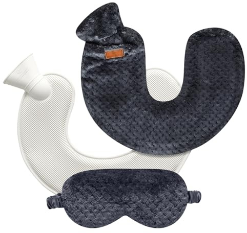 Shoulder & Neck Hot Water Bottle with cover UK - U-Shaped 1.L Capacity Hot Water Bag with Removable Faux Fur Cover - Warm, Cosy Wrap Around Hot Water Bottle with Eye Mask- Neck & Shoulder Pain Relief
