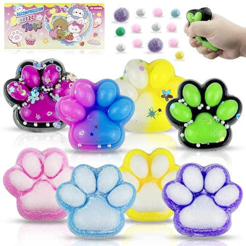 GZcaiyun 8 STK Cat Paw Squeeze Toy, Cat Paw Anti Stress Bälle, Funny Squishy Toy, Squeeze Antistressball Erwachsene, Anti Stress Spielzeug, Stressabbau, Bunt, Pailletten Set Zufällige Lieferung