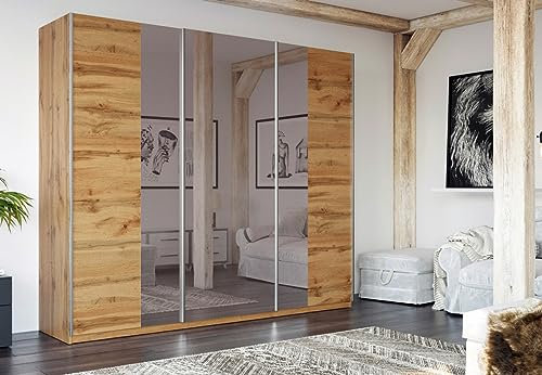Easy4You Praga Eiche Wotan Schiebetüren Kleiderschrank 250x210x65 cm mit Spiegel - Schlafzimmermöbel, Aufbewahrung – Mehrzweckschrank mit 4 Kleiderstangen