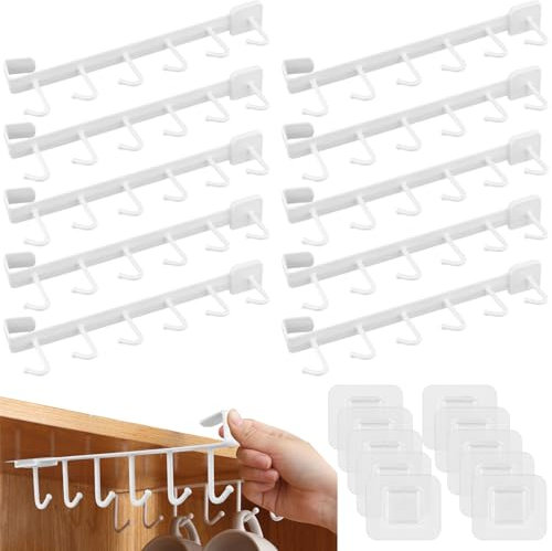 FUNSUEI 10 PCS 6 Hooks Mug Hanger Under Shelf No Drilling, Cup Holder Under Cabinet with Adhesive Screws for Cups, Bar, Coffee, Kitchen Utensils, White (25 x 7.5cm