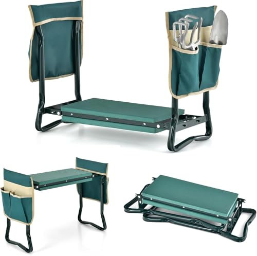 FANTASK Taburete Plegable 2 en 1 para jardinería, Taburete de jardín con 2 Bolsillos para Herramientas, Taburete de Trabajo de jardín con Acolchado Eve para Rodilleras, soporta hasta 150 kg