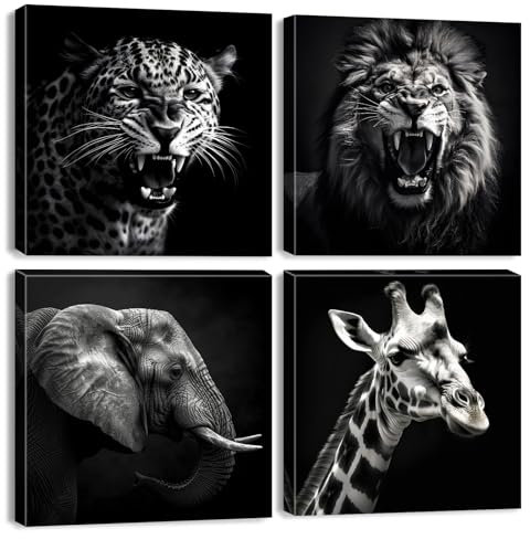 Black and White Wall Art Animal Wall Pictures Living Room Decor Lion Canvas Prints Elephant Giraffe Leopard Paintings Wildlife Pictures Animal Portrait Hallway Decor Home Decoration 30x30cm 4Pcs