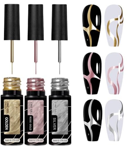 3 Color Gel Liner Nail Art Kit,Nail Art Gel Nail Polish,Polish for French Manicure and Painted Design,Painted G/el Polish Kit for DIY Nail A/rt,Gold Silver Rose Gold Me/tallic G/el Na/il Po/lish