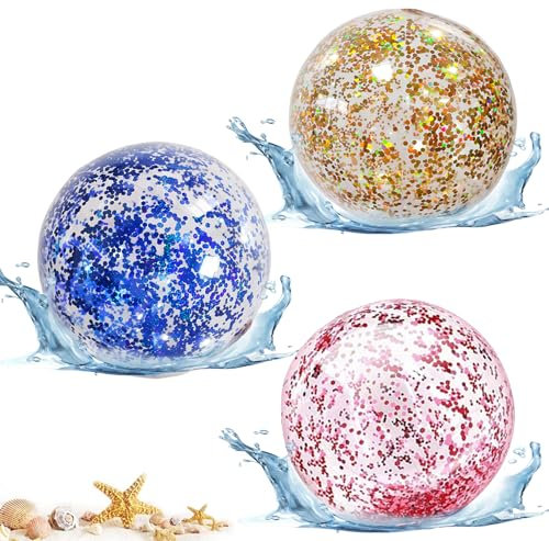 LUMOOM 3 Stück aufblasbare Glitzer-Wasserbälle, Wasserball aufblasbar, großer aufblasbarer Strandball, Schwimmbad-Party-Ball, Tauchbälle 40cm für Sommeraktivitäten im Freien (Transparent)