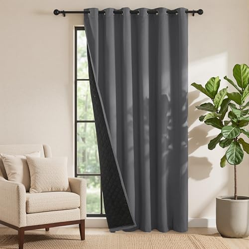 PONY DANCE Thermovorhang Hitzeschutz Extra Breite Vorhänge Raumtrenner | 1 Stück H 210 x B 200 cm, Grau, Verdunkelungsvorhang, Doppellagig, 100% Blickdicht, mit Ösen, Wärmeisolierend, Dick