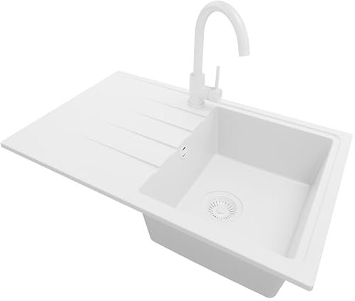 PRIMAGRAN Fregadero Granito Todo Blanco 78x50cm, Cocina 1 Seno + Grifo 32x20cm + Sifón, Sobre encimera al mueble 45cm - Milano