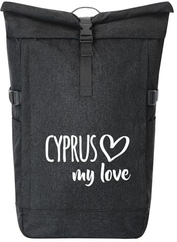 Huuraa Kurierrucksack Cyprus my love 30-44 Liter Black Melange Fairtrade Rolltop Rucksack Geschenkidee