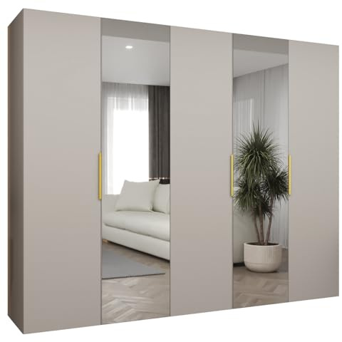 MEBLE KRYSPOL - Kleiderschrank mit Spiegel - Drehtürenschrank - Schrank 250x202x52cm - Garderobenschrank Schlafzimmer, Flur, Jugendzimmer - Farbe Kaschmir, Griff Gold - Marbella 2 250