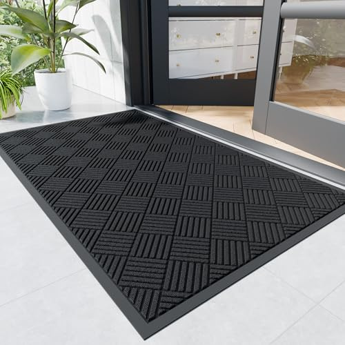 Naturei Durable Indoor Outdoor Door Mat, 3' x 6' Heavy Duty Front Door Mat for Entryway, Non-Slip Backing, Stain and Fade Resistant, Absorbent Commercial Floor Mat for High Traffic Area, Black