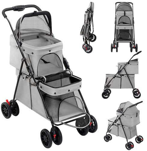 Doppelschichtiger Kinderwagen für Hunde und Katzen, Tiere, Reisen, Kinderwagen, faltbar, für Hunde und Katzen mit vier Rädern, Trolley/Buggy, 67 x 50 x 95 cm, Grau