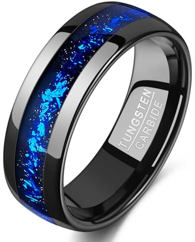 TUNGSTORY Herrenring Wolfram 8mm – Schwarz mit Blauem Folienstreifen – Komfortfit, Alltagstauglich Statement Ring 67.2(21.4)
