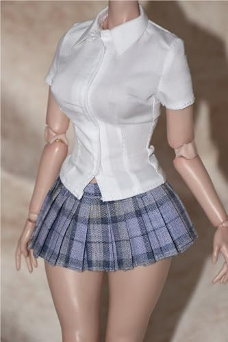 AMITD 1/6 Scale Figure Doll Clothes, Short Sleeved Shirt Plaid Pleated Skirt, Clothing Costume for 12 inch Female Action Figure Accessories Doll(White)