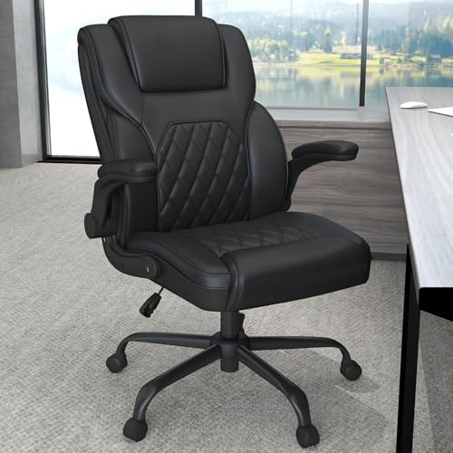 AnyGod Bürostuhl mit Hochklappbaren Armlehnen, Höhenverstellbarer Chefsessel aus Kunstleder, Ergonomischer Schreibtischstuhl, Belastbar bis 136 kg, Drehstuhl für Homeoffice und Gaming, Schwarz