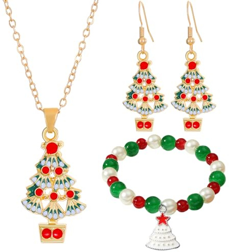 GWAWG Weihnachtsbaum Ohrringe Damen Set, 1 Paar Weihnachtsohrringe mit Halskette und Armband, Weihnachtsdekoration Schmuck Geschenke für Frauen Mädchen Weihnachten Party